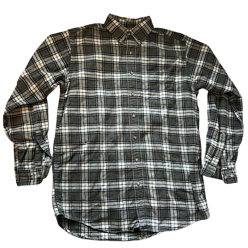 LL Bean 100% Cotton Plaid Flannel Button Down Shirt Mens M Tall Green Gray